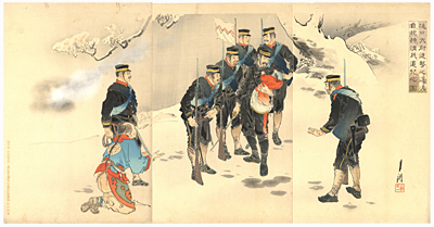 尾形月耕 GEKKO 『樋口大尉進撃之途次自抱清民遺児之図』