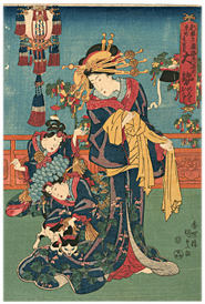 国貞 Kunisada 『新吉原京町壱町目角海老屋内 大勢』-七夕・猫の図-