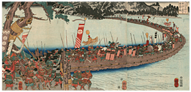 国芳　Kuniyoshi 『楠正行長柄川の舟橋を切て足利の大軍を破る図』－信長・長良川・美濃攻め－