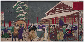 芳年 Yoshitoshi 『安政五年三月三日水府ノ脱士等芝愛宕ノ山上ヘ集会ニ及ビ旧主ノ鬱憤ヲ散ゼン為大老彦根候ヲ撃殺ト雪中ニ密計ヲ評定シ余波ノ宴ヲ催ス図』