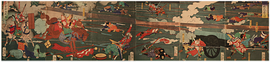 『川中嶋大合戦之図』(右半分)　『武田勇将血戦図』(左半分)－川中島の戦い・諸角虎定－