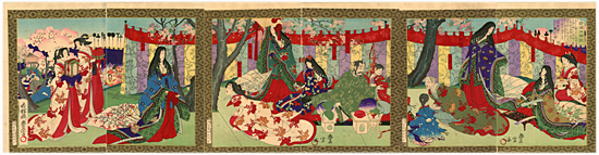 豊宣　Toyonobu　『新撰太閤記　醍醐の花見　六枚続』-北政所(寧々)淀君(茶々)京極竜子(松丸殿)摩阿(加賀殿)とら(三条殿)-