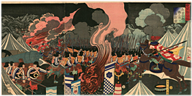 芳年 Yoshitoshi 『豊臣勲功記　兵曽加部堀之陣江夜討ノ図』-堀秀政・長宗我部元親-