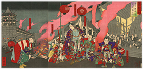 年甲 『豊臣勲功記　木下須股城ヲ一夜ニ建築之図』-墨俣一夜城-